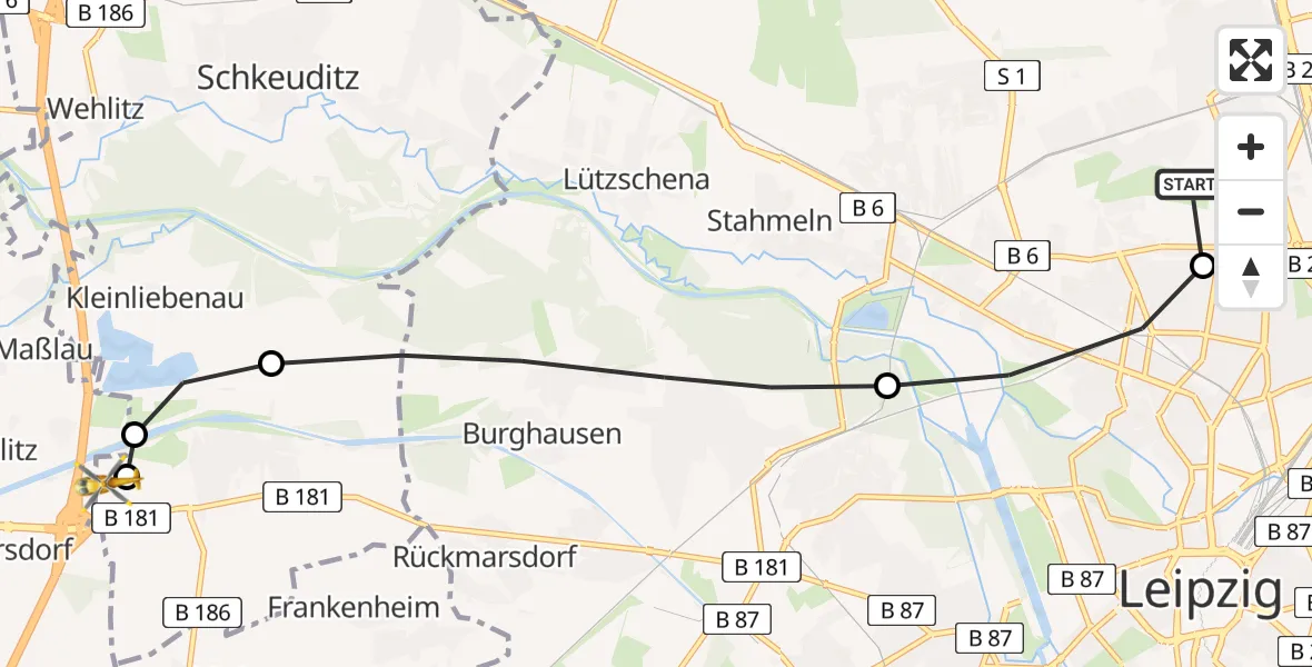 Flugroute Rettungshubschrauber Sankt Georg Hospital Leipzig Reserve - ADAC Air Rescue Station Leipzig/Schkeuditz-Dölzig Hubschrauberlandeplatz (Christoph 61), 22 März 2026, 17:52