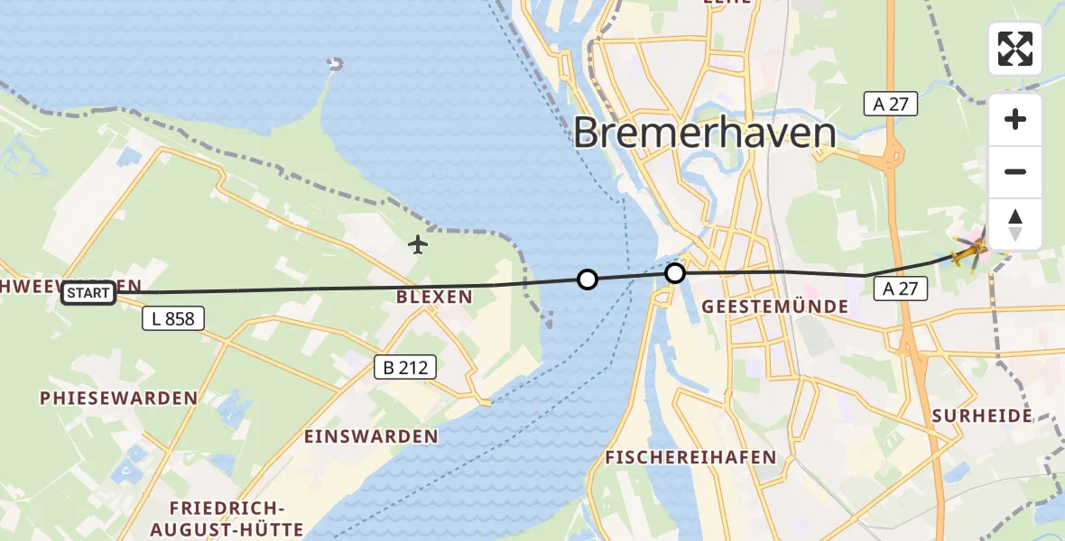 Flugroute Rettungshubschrauber Nordenham - Stadtbezirk Bremerhaven-Süd, 22 März 2026, 18:00