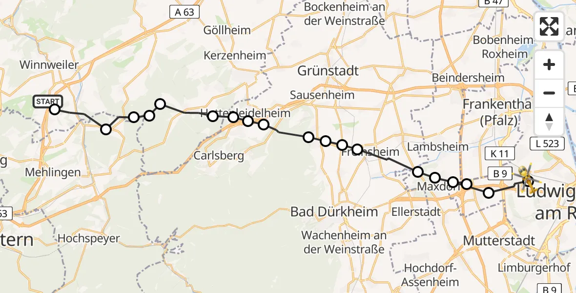 Routekaart van de vlucht: Rettungshubschrauber nach Ludwigshafen Accident Hospital