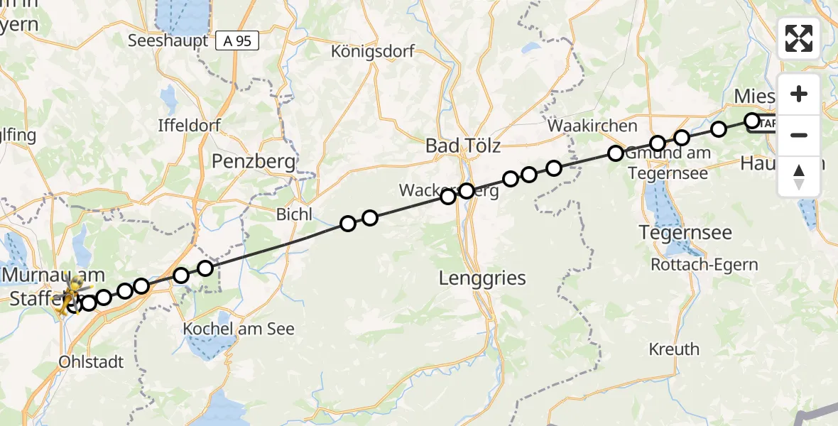 Flugroute Rettungshubschrauber Agatharied - Murnau Accident Hospital, 22 März 2026, 18:20