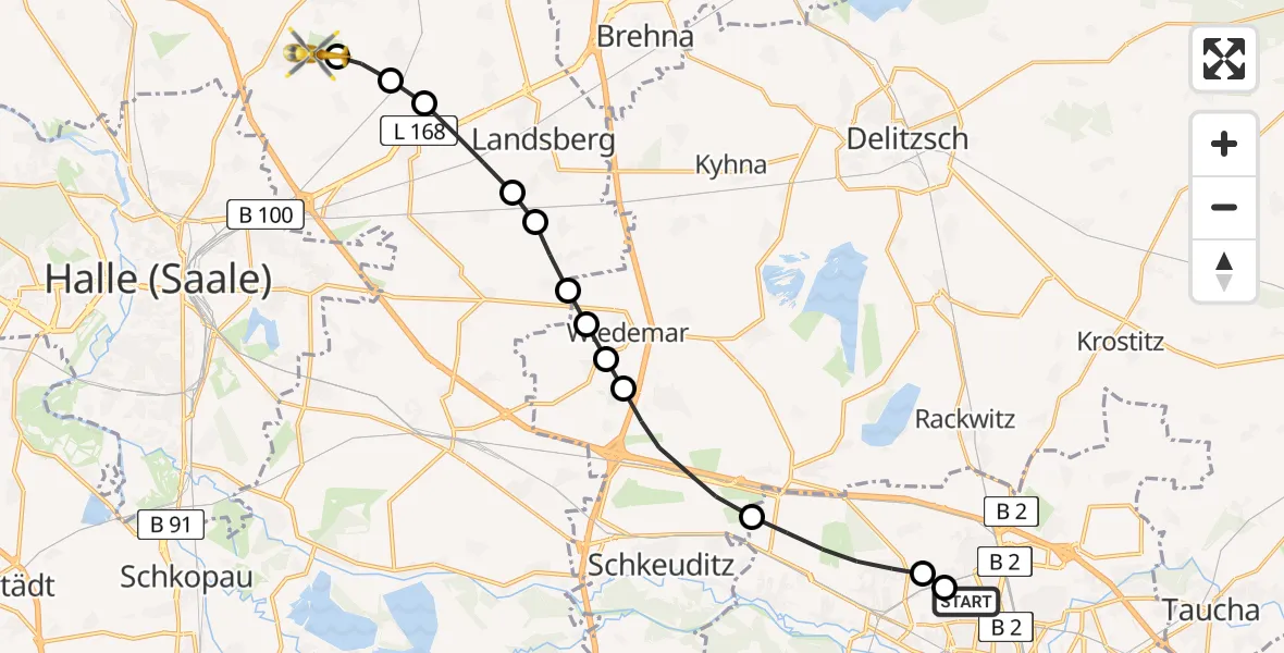 Flugroute Ambulanzhubschrauber Sankt Georg Hospital Leipzig Reserve - Halle-Oppin Flugplatz, 22 März 2026, 18:25