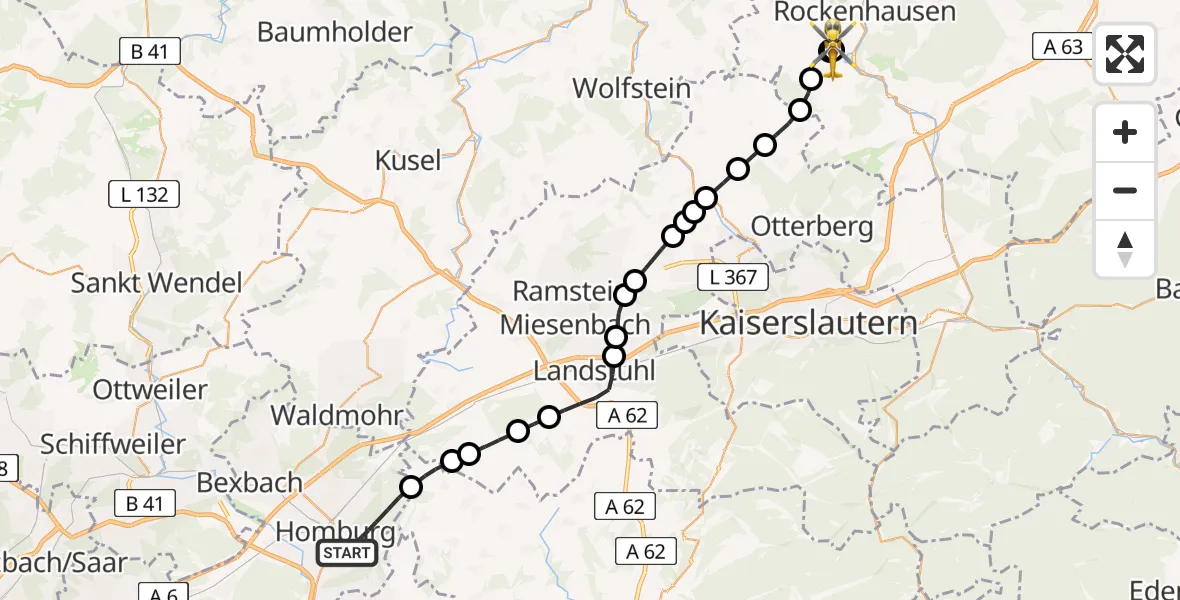 Flugroute Rettungshubschrauber Homburg - Imsweiler UL, 22 März 2026, 18:27