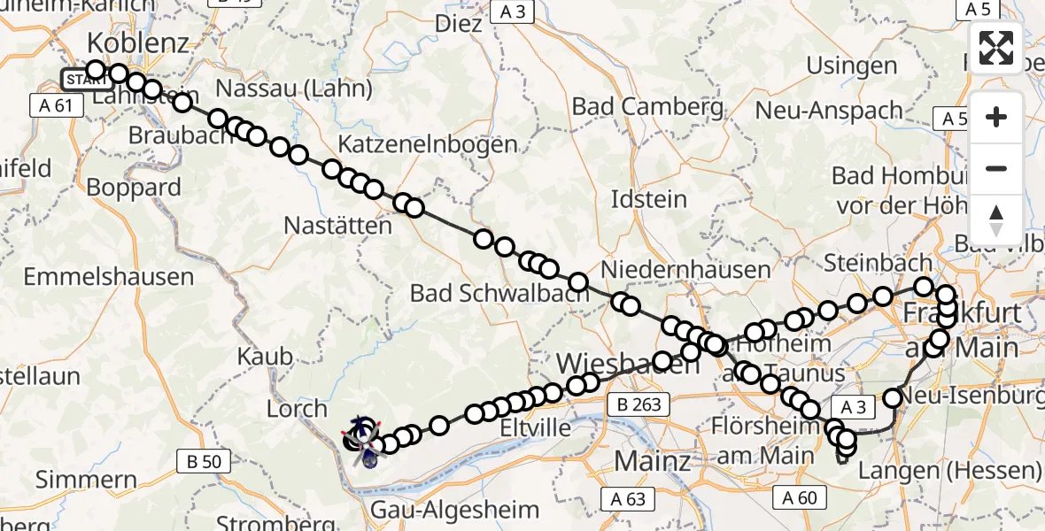 Flugroute Polizeihubschrauber Koblenz-Winningen Flugplatz - Eibinger Forstwiese Flugplatz, 22 März 2026, 18:36