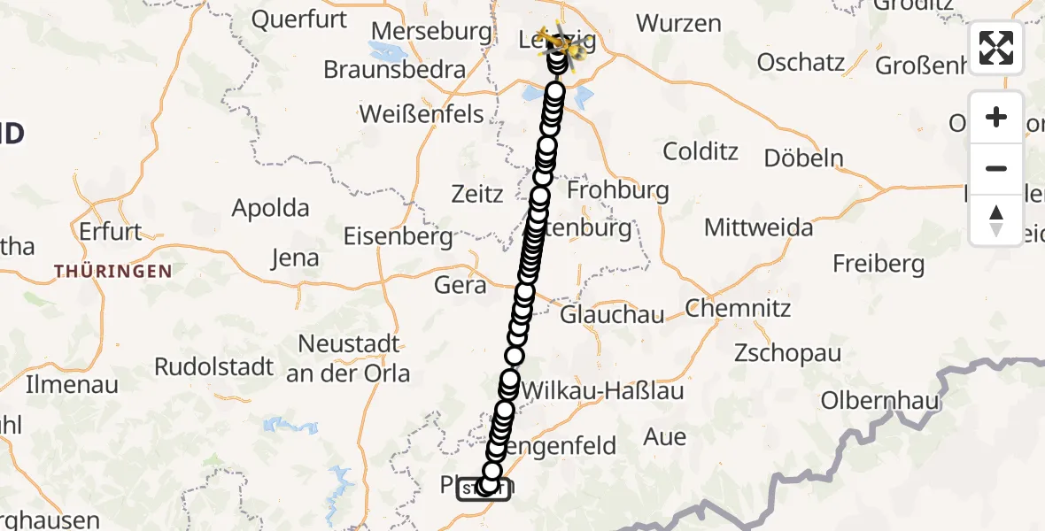 Flugroute Rettungshubschrauber Helios Clinic Plauen - Leipzig University Hospital Heliport 1, 22 März 2026, 18:40