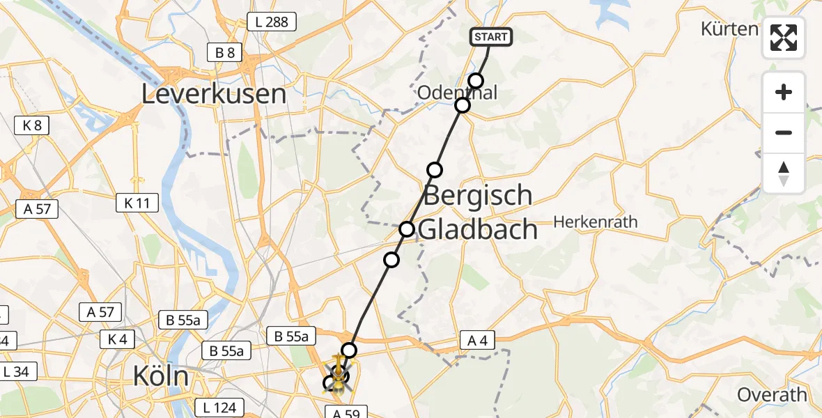 Flugroute Rettungshubschrauber Altenberg - Merheim Hospital, 22 März 2026, 18:41