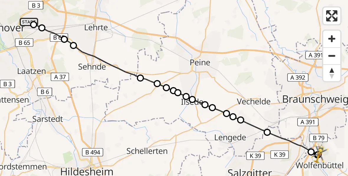 Flugroute Rettungshubschrauber Hannover Luftrettung Hubschrauberlandeplatz (Christoph 4) - Wolfenbüttel Municipal Hospital Heliport (Christoph 30), 22 März 2026, 18:45