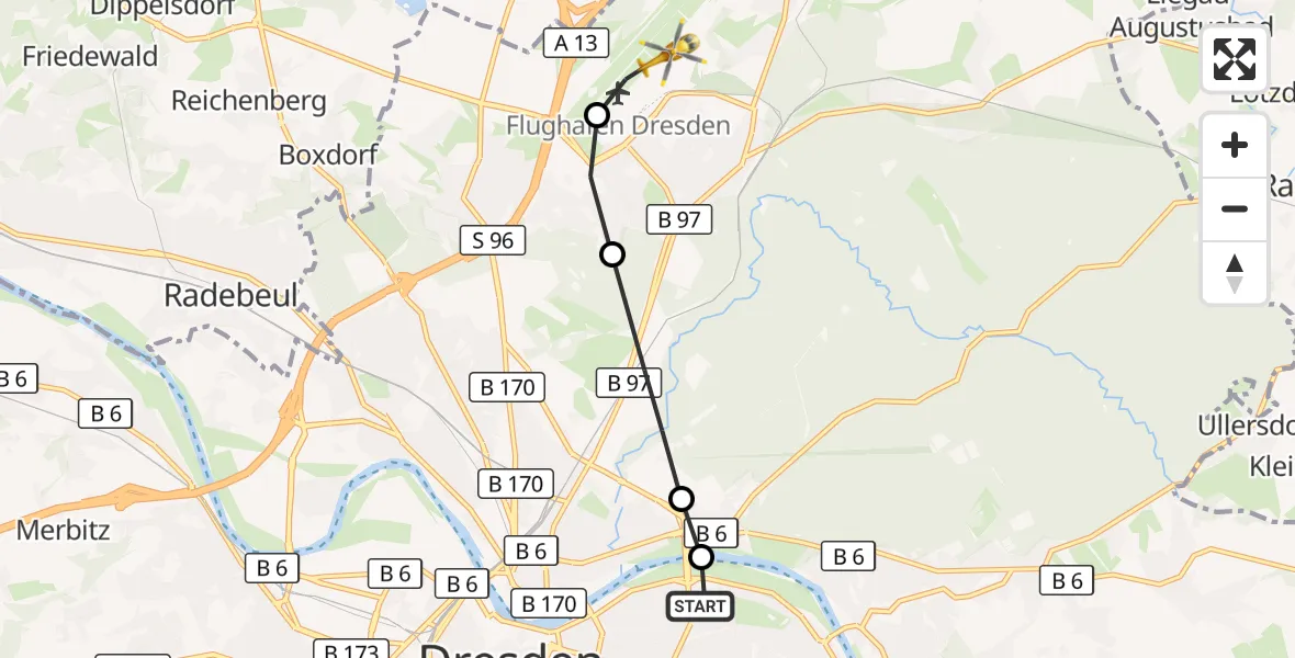 Flugroute Rettungshubschrauber Dresden University Hospital - Dresden Bundespolizei Hubschrauberlandeplatz, 22 März 2026, 18:50