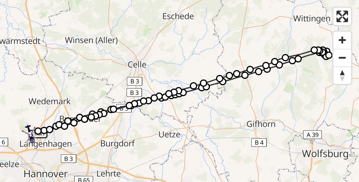 Flugroute Polizeihubschrauber Flughafen Hannover - Flughafen Hannover, 22 März 2026, 19:37