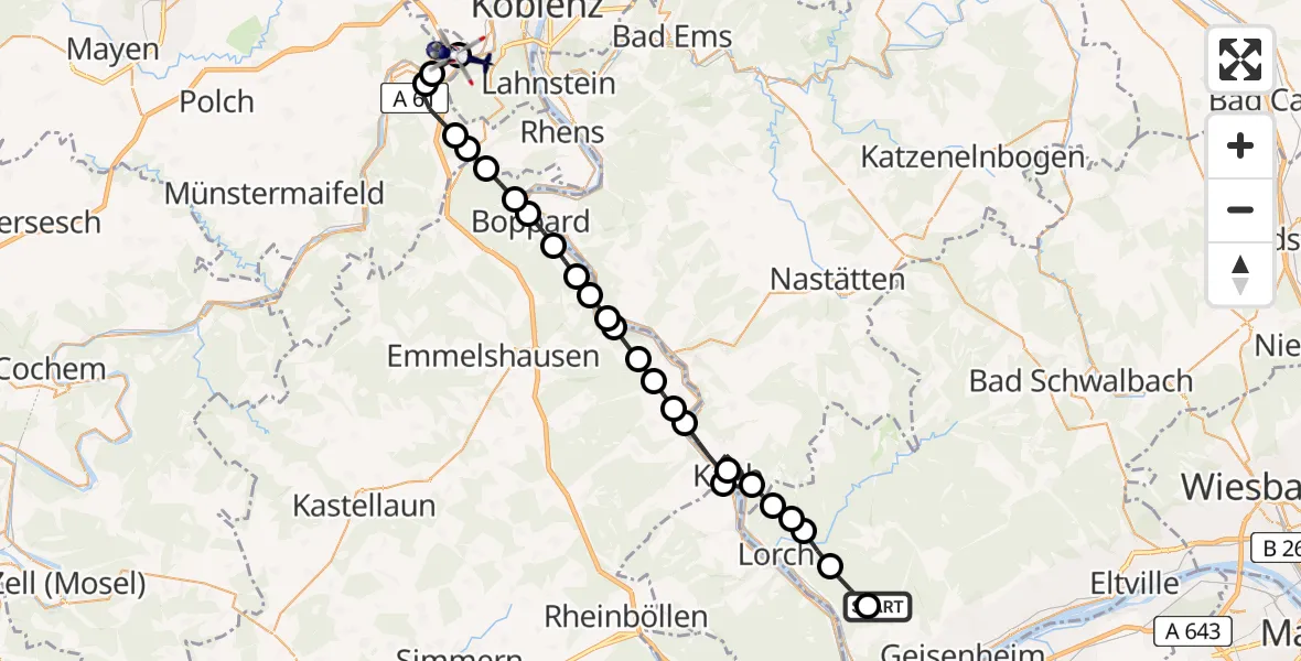 Flugroute Polizeihubschrauber Eibinger Forstwiese Flugplatz - Koblenz-Winningen Flugplatz, 22 März 2026, 19:44