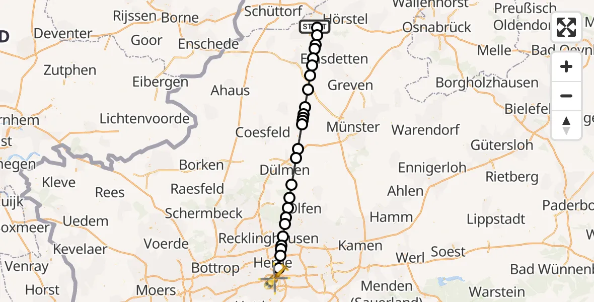 Flugroute Ambulanzhubschrauber ADAC Luftrettungsstation Rheine Hubschrauberlandeplatz (Christoph Europa 2) - Bochum, 22 März 2026, 20:14