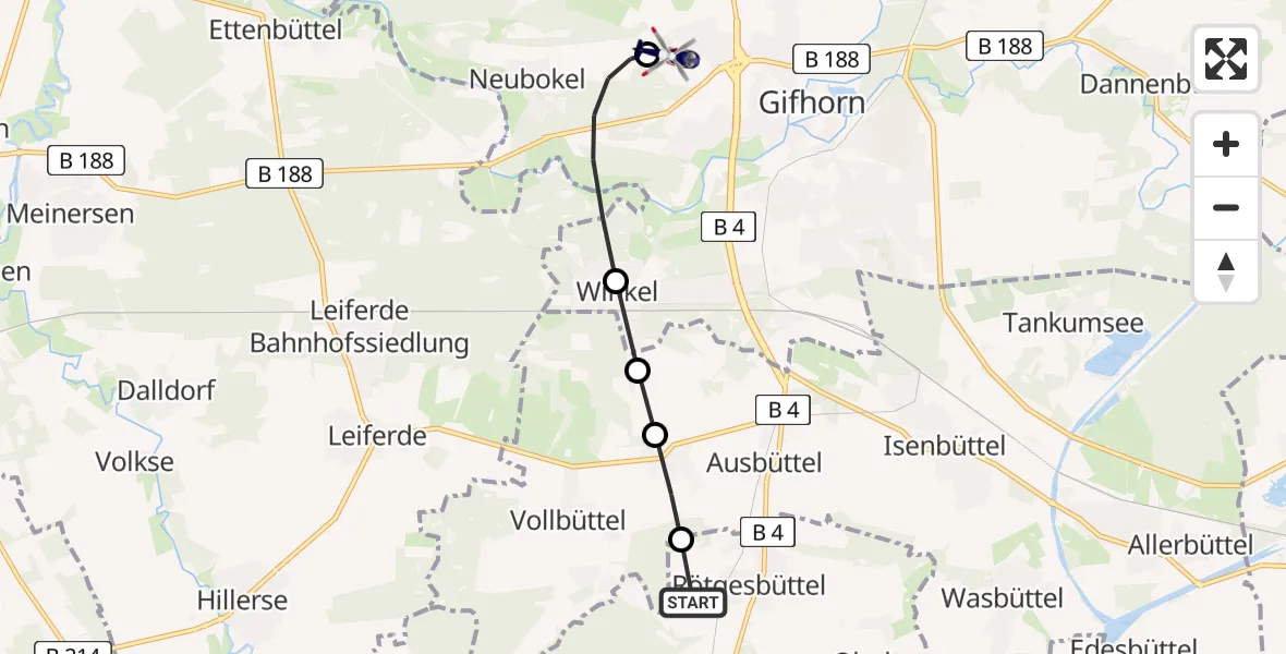 Routekaart van de vlucht: Polizeihubschrauber nach Gifhorn Bundespolizei Hubschrauberlandeplatz