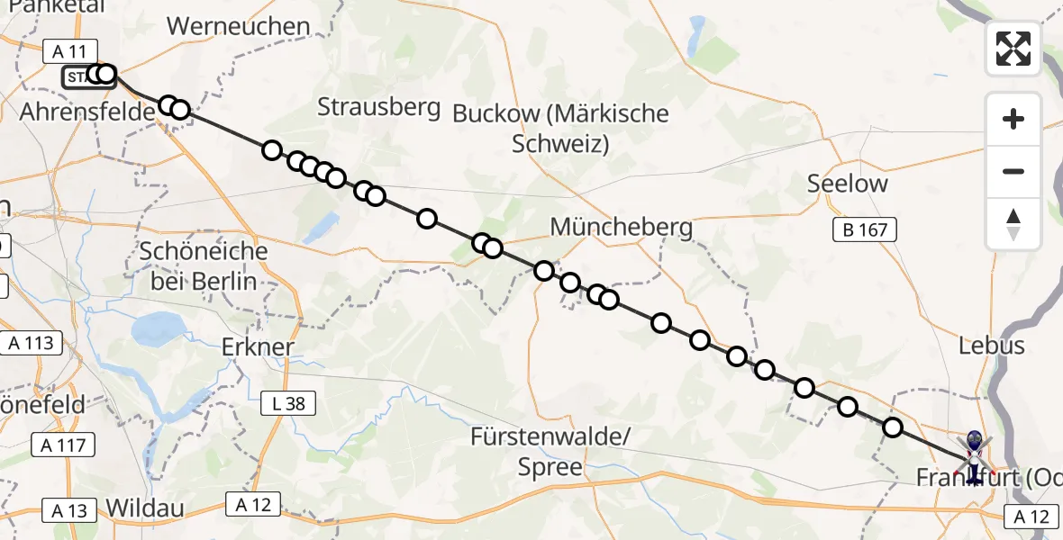 Flugroute Polizeihubschrauber Ahrensfelde Hubschrauberlandeplatz - Frankfurt (Oder), 22 März 2026, 20:16