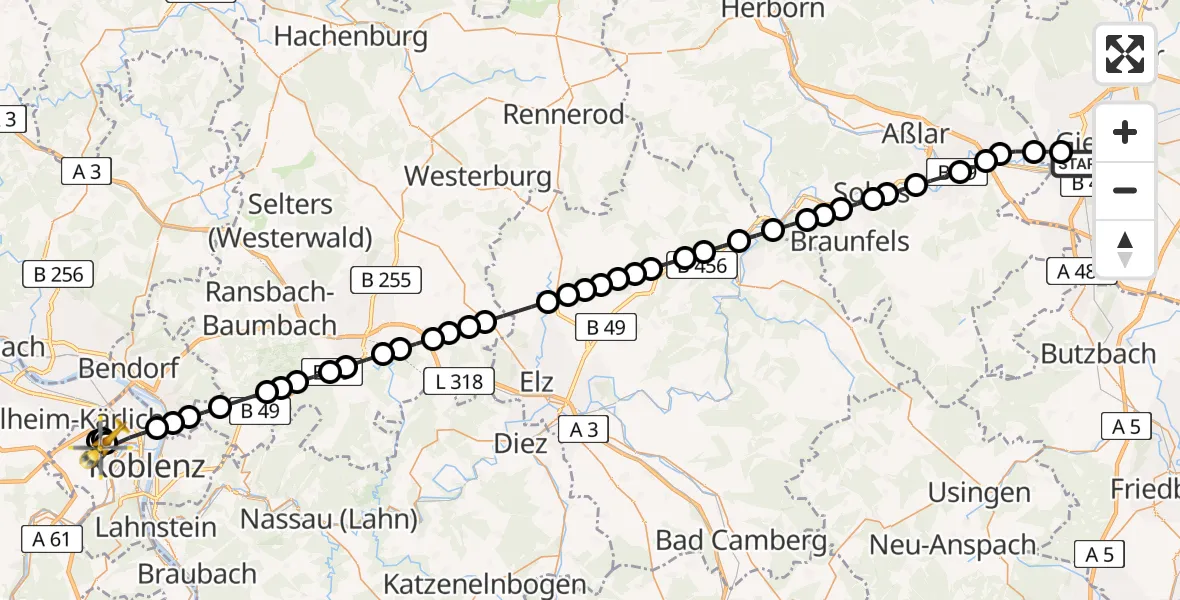 Routekaart van de vlucht: Rettungshubschrauber nach Koblenz, Rübenacher Straße