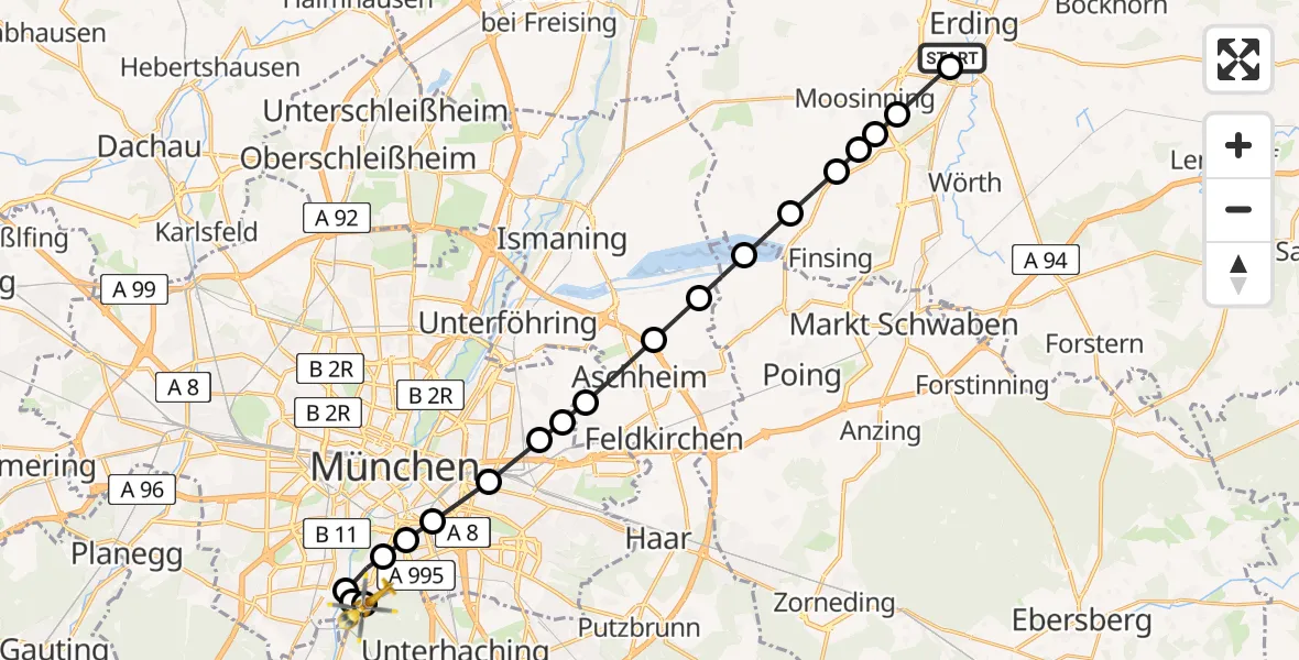 Flugroute Rettungshubschrauber Erding District Hospital - ADAC Air Rescue Center Hubschrauberlandeplatz (Christoph 1), 22 März 2026, 20:49
