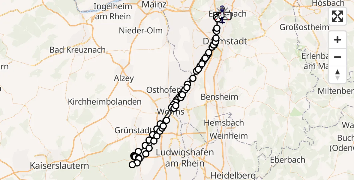 Flugroute Polizeihubschrauber Flughafen Frankfurt-Egelsbach - Flughafen Frankfurt-Egelsbach, 22 März 2026, 20:57