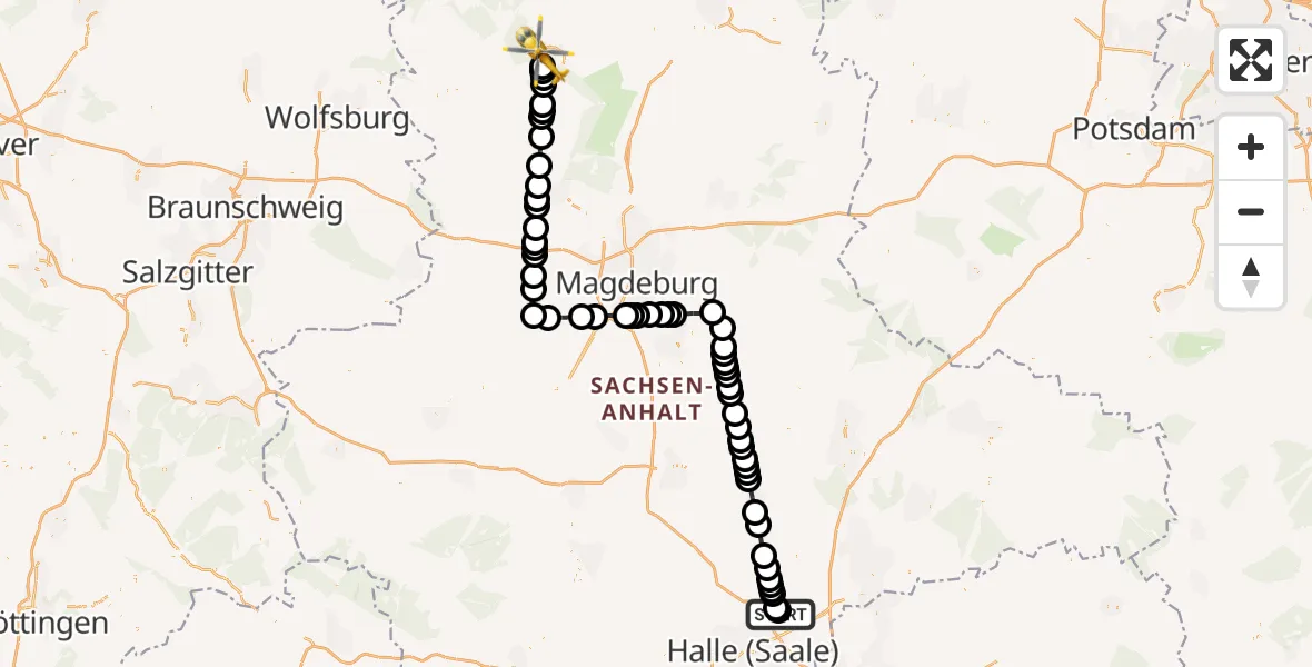 Flugroute Ambulanzhubschrauber Halle-Oppin Flugplatz - Gardelegen, 22 März 2026, 21:22