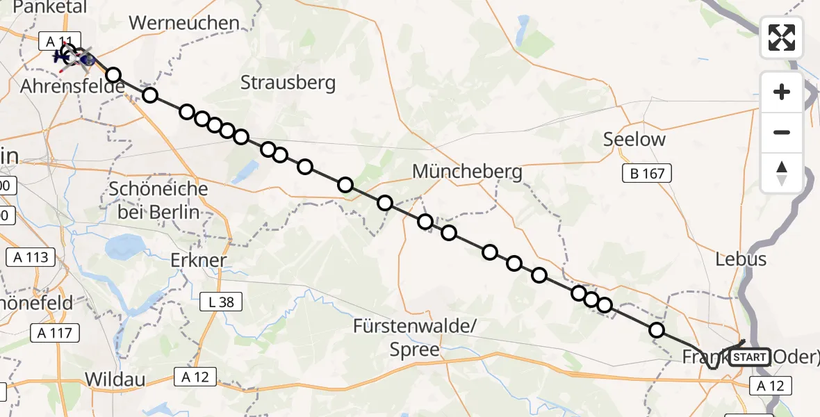 Flugroute Polizeihubschrauber Frankfurt (Oder) - Ahrensfelde Hubschrauberlandeplatz, 22 März 2026, 21:25