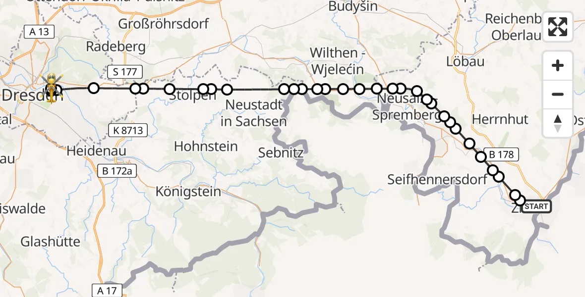 Flugroute Ambulanzhubschrauber Zittau - Dresden University Hospital, 22 März 2026, 21:37