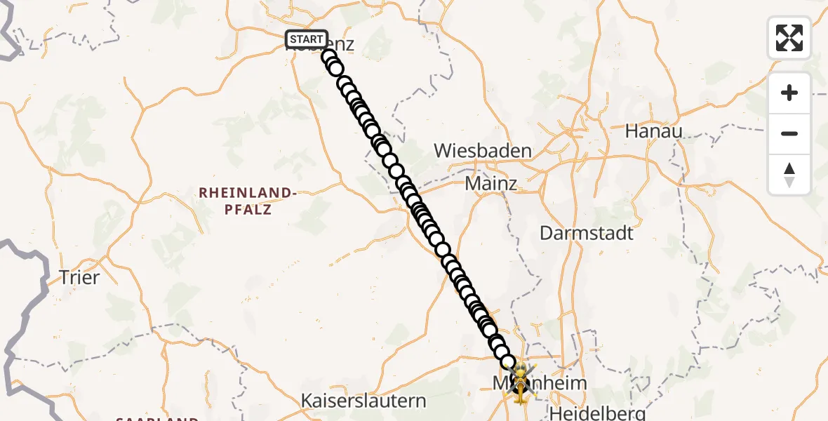 Routekaart van de vlucht: Rettungshubschrauber nach Ludwigshafen Accident Hospital