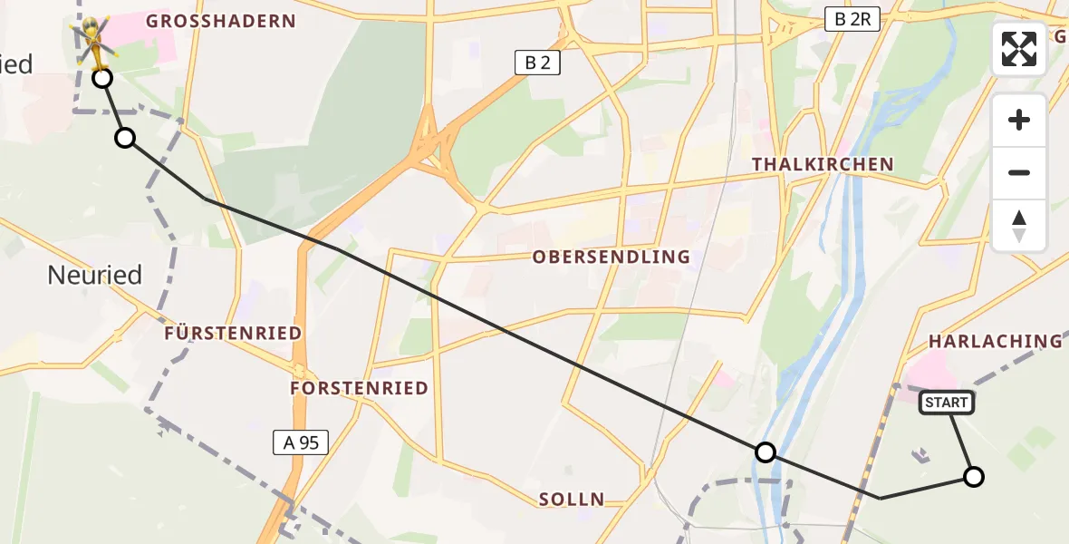 Flugroute Rettungshubschrauber ADAC Air Rescue Center Hubschrauberlandeplatz (Christoph 1) - DRF Air Rescue München Hubschrauberlandeplatz, 22 März 2026, 21:46