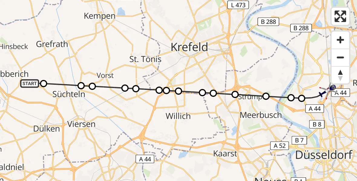 Flugroute Polizeihubschrauber Dyck - Düsseldorf Flughafen, 22 März 2026, 22:04