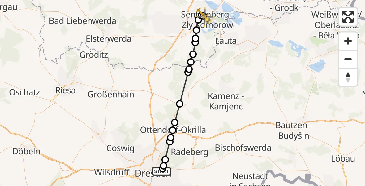 Flugroute Ambulanzhubschrauber Dresden University Hospital - ADAC Luftrettungsstation Senftenberg Hubschrauberlandeplatz, 22 März 2026, 22:32