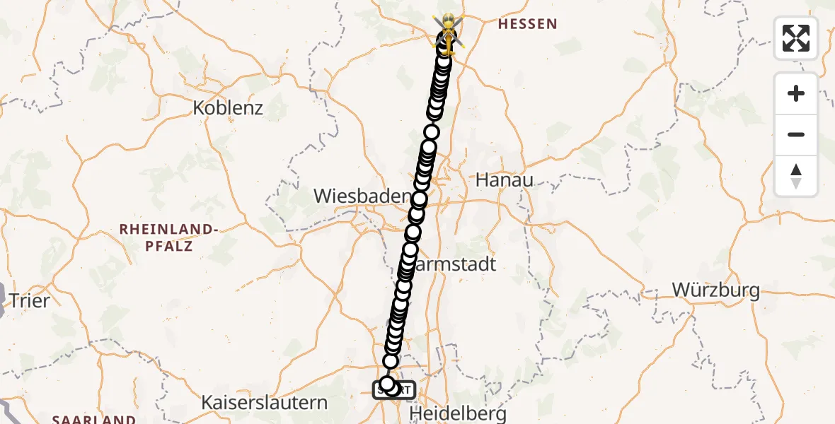 Flugroute Rettungshubschrauber Ludwigshafen Accident Hospital - Gießen, 22 März 2026, 22:49