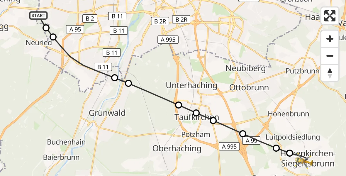 Flugroute Rettungshubschrauber DRF Air Rescue München Hubschrauberlandeplatz - Höhenkirchen-Siegertsbrunn, 22 März 2026, 23:02