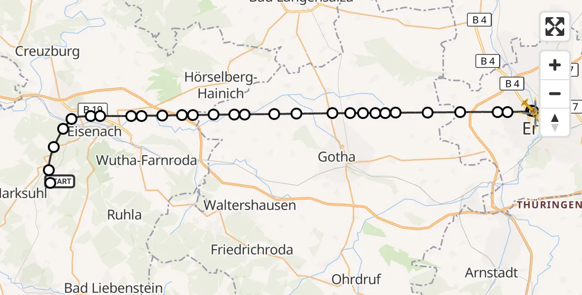Flugroute Ambulanzhubschrauber Wolfsburg-Unkeroda - Helios Clinic Erfurt, 22 März 2026, 23:06