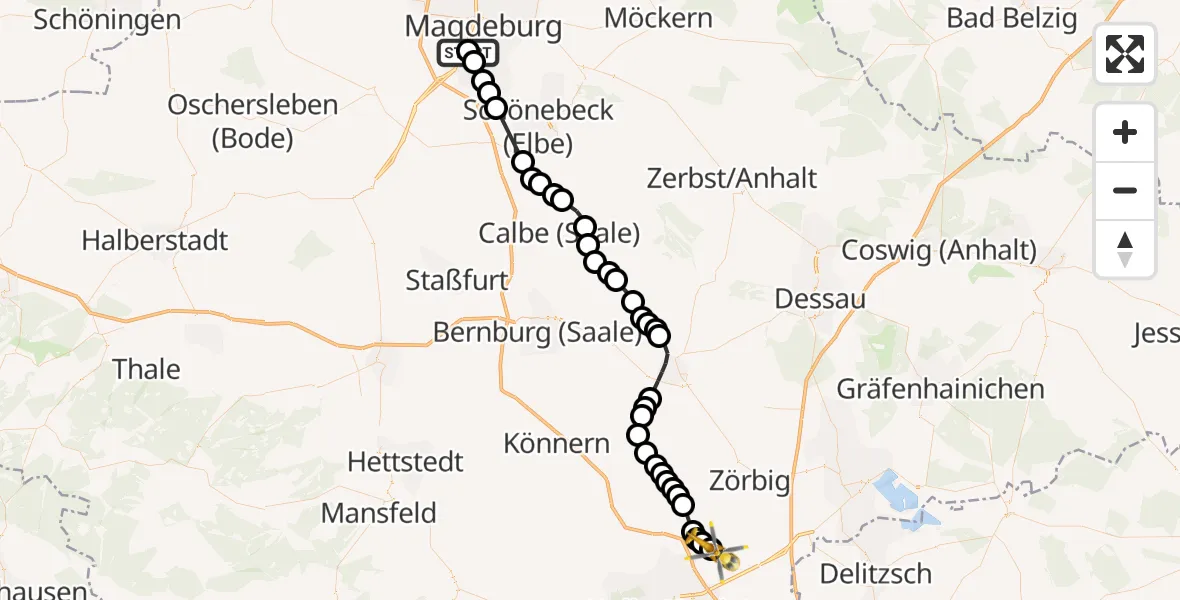 Flugroute Ambulanzhubschrauber Magdeburg - Halle-Oppin Flugplatz, 22 März 2026, 23:28