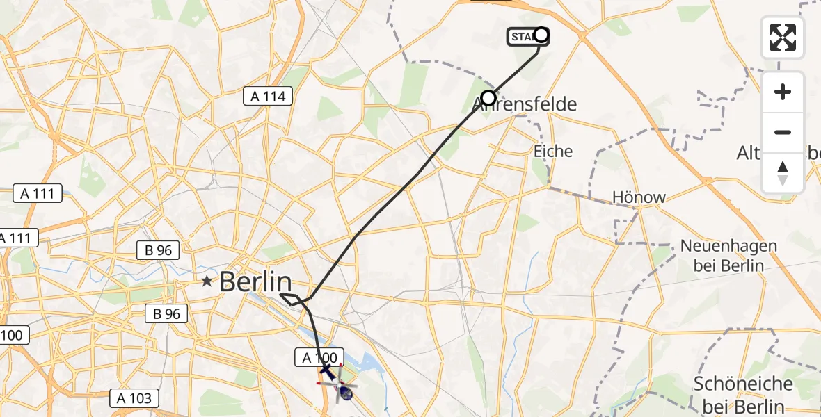 Flugroute Polizeihubschrauber Ahrensfelde Hubschrauberlandeplatz - Berlin, 23 März 2026, 00:37