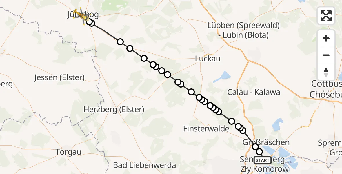 Flugroute Ambulanzhubschrauber Senftenberg - Jüterbog, 23 März 2026, 00:55