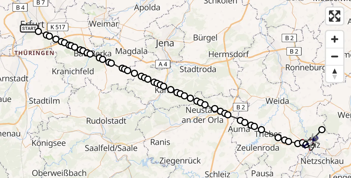 Flugroute Polizeihubschrauber Erfurt - Greiz, 23 März 2026, 02:13