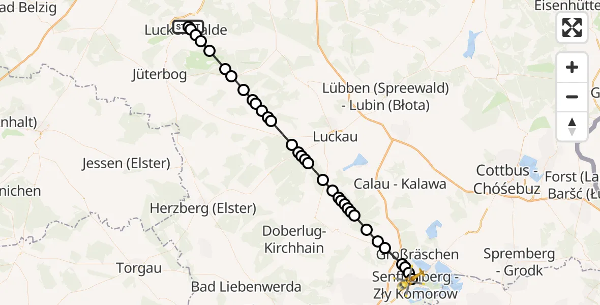 Flugroute Ambulanzhubschrauber KMG Hospital Luckenwalde - ADAC Luftrettungsstation Senftenberg Hubschrauberlandeplatz, 23 März 2026, 02:35