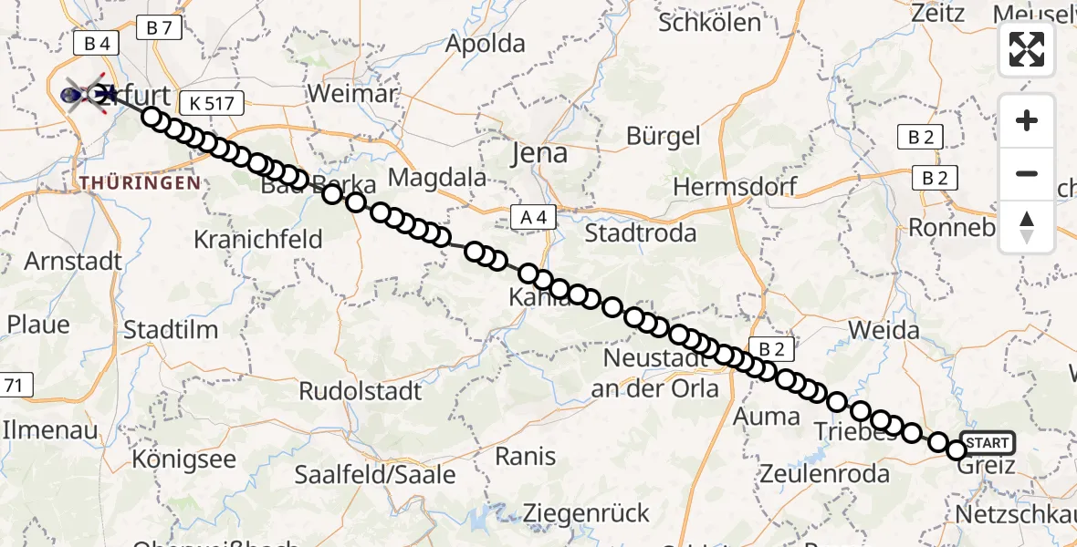 Routekaart van de vlucht: Polizeihubschrauber nach Erfurt-Weimar Flughafen