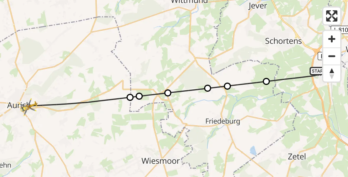 Flugroute Rettungshubschrauber Sande - Aurich, 23 März 2026, 03:50