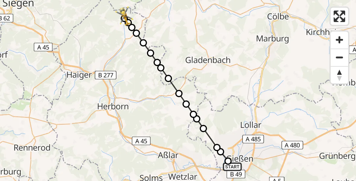 Flugroute Rettungshubschrauber Gießen - Mandeln, 23 März 2026, 05:37