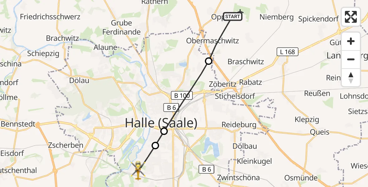 Flugroute Ambulanzhubschrauber Landsberg - Halle (Saale), 23 März 2026, 06:00