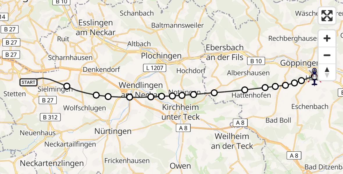 Flugroute Polizeihubschrauber Flughafen Stuttgart - Göppingen (Kernstadt), 23 März 2026, 06:06