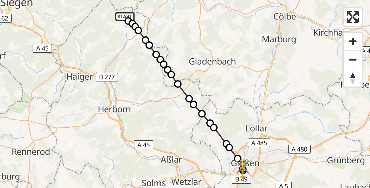 Flugroute Rettungshubschrauber Mandeln - Gießen University Hospital, 23 März 2026, 06:30