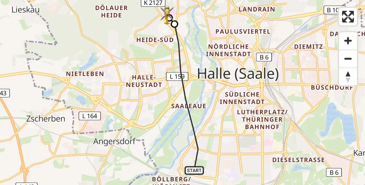 Flugroute Ambulanzhubschrauber Halle (Saale) - Halle (Saale) University Hospital, 23 März 2026, 06:38