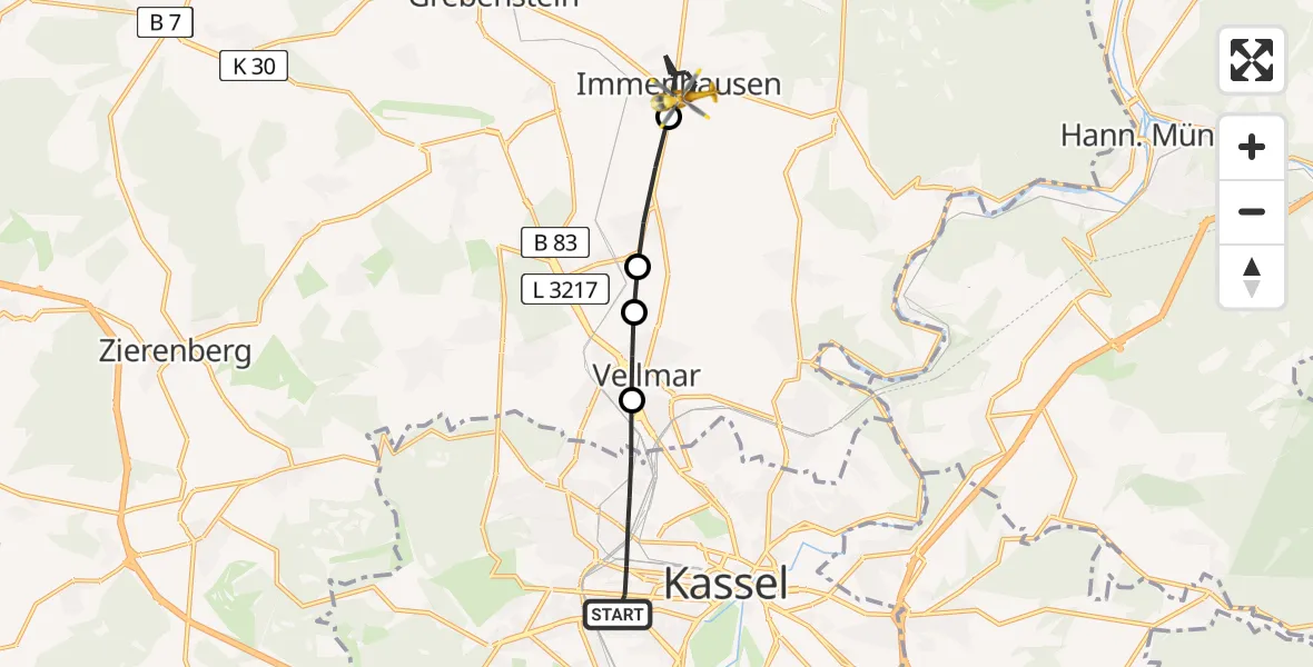 Flugroute Rettungshubschrauber Kassel - Immenhausen, 23 März 2026, 06:40