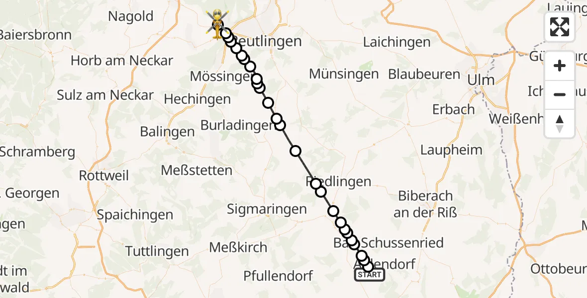 Flugroute Rettungshubschrauber Blönried - Tübingen University Hospital, 23 März 2026, 06:41