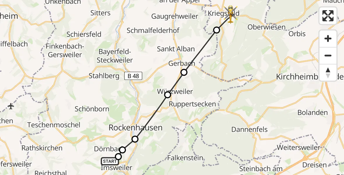 Flugroute Rettungshubschrauber Imsweiler UL - Kriegsfeld, 23 März 2026, 06:54