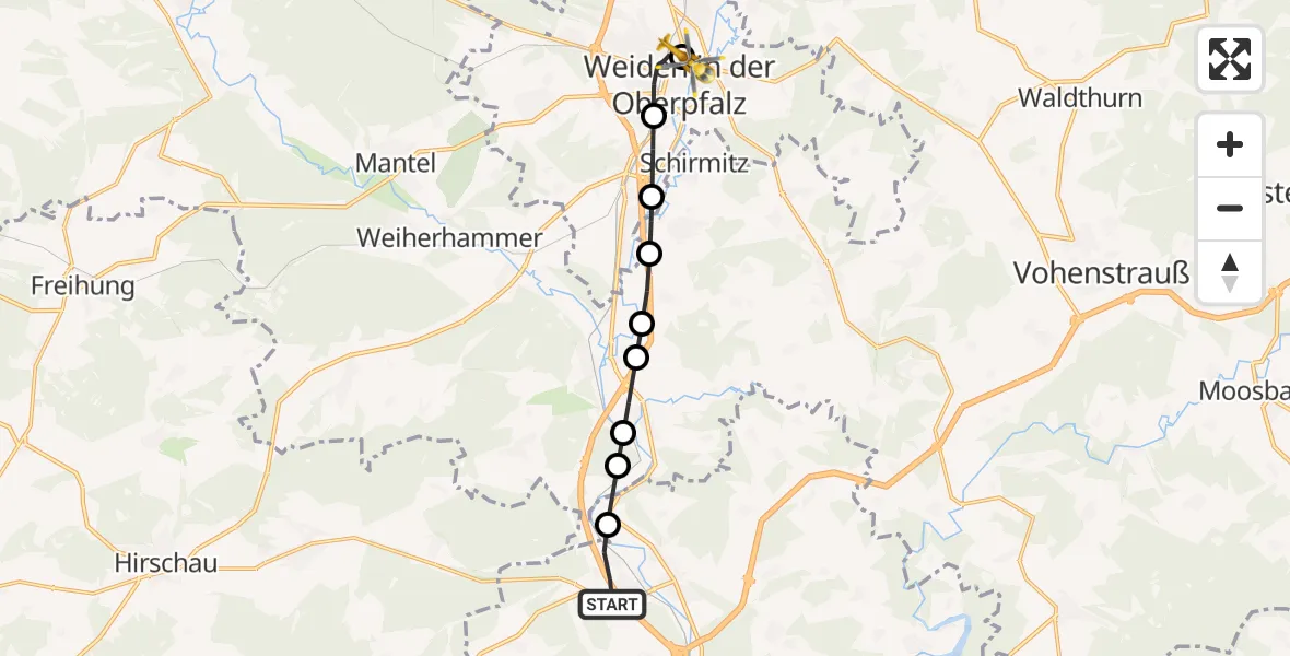 Flugroute Rettungshubschrauber Unterköblitz - Weiden Hospital, 23 März 2026, 06:56