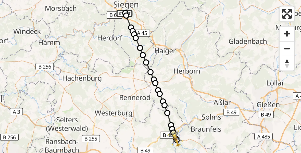 Flugroute Rettungshubschrauber Evangelisches Jung-Stilling Hospital - Weilburg District Hospital, 23 März 2026, 07:10