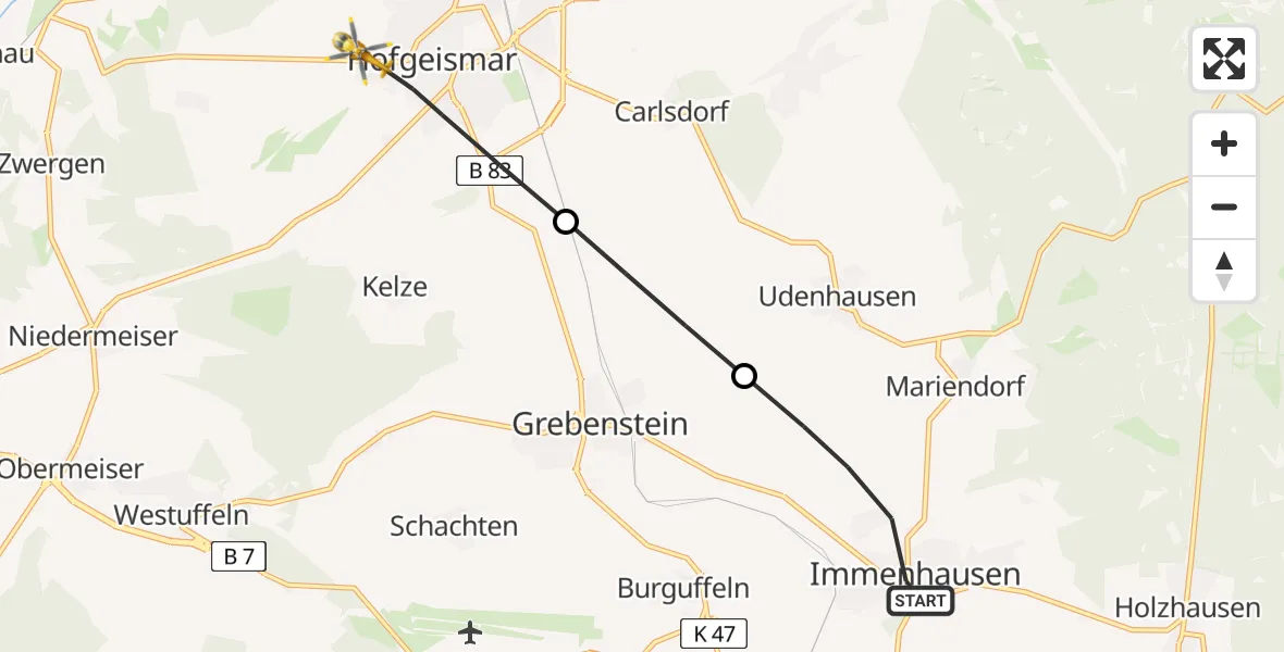 Routekaart van de vlucht: Rettungshubschrauber nach Hofgeismar, Liebenauer Straße