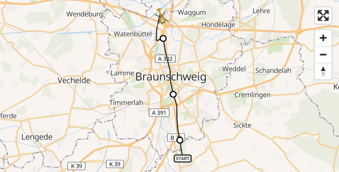 Flugroute Rettungshubschrauber Wolfenbüttel - Nördliche Schunter-/Okeraue, 23 März 2026, 07:19