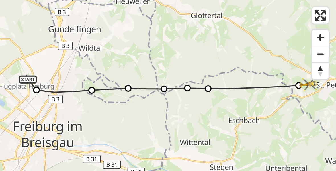 Flugroute Ambulanzhubschrauber Freiburg im Breisgau Flugplatz - St. Peter, 23 März 2026, 07:21