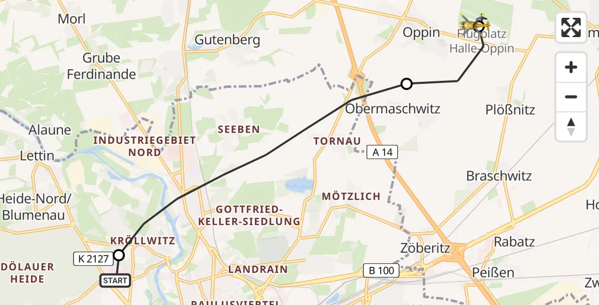 Flugroute Ambulanzhubschrauber Halle (Saale) University Hospital - Halle-Oppin Flugplatz, 23 März 2026, 07:23